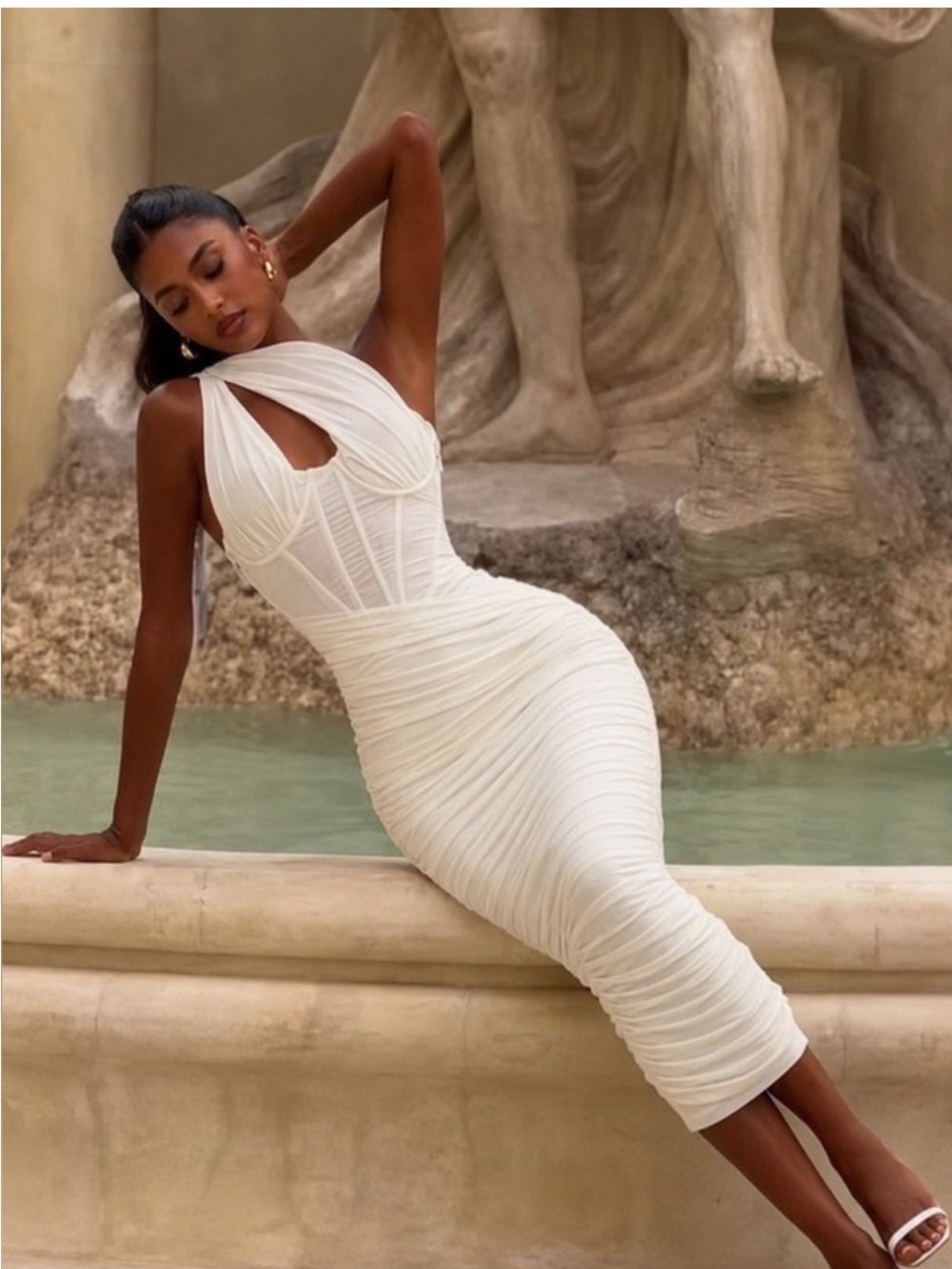 HOUSE OF CB 'Valentina' Ivory Asymmetric Cutout Midi Dress/Small US4-6 $255